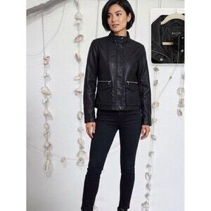 Baccini Faux Leather Moto Utility Jacket Black Size Large